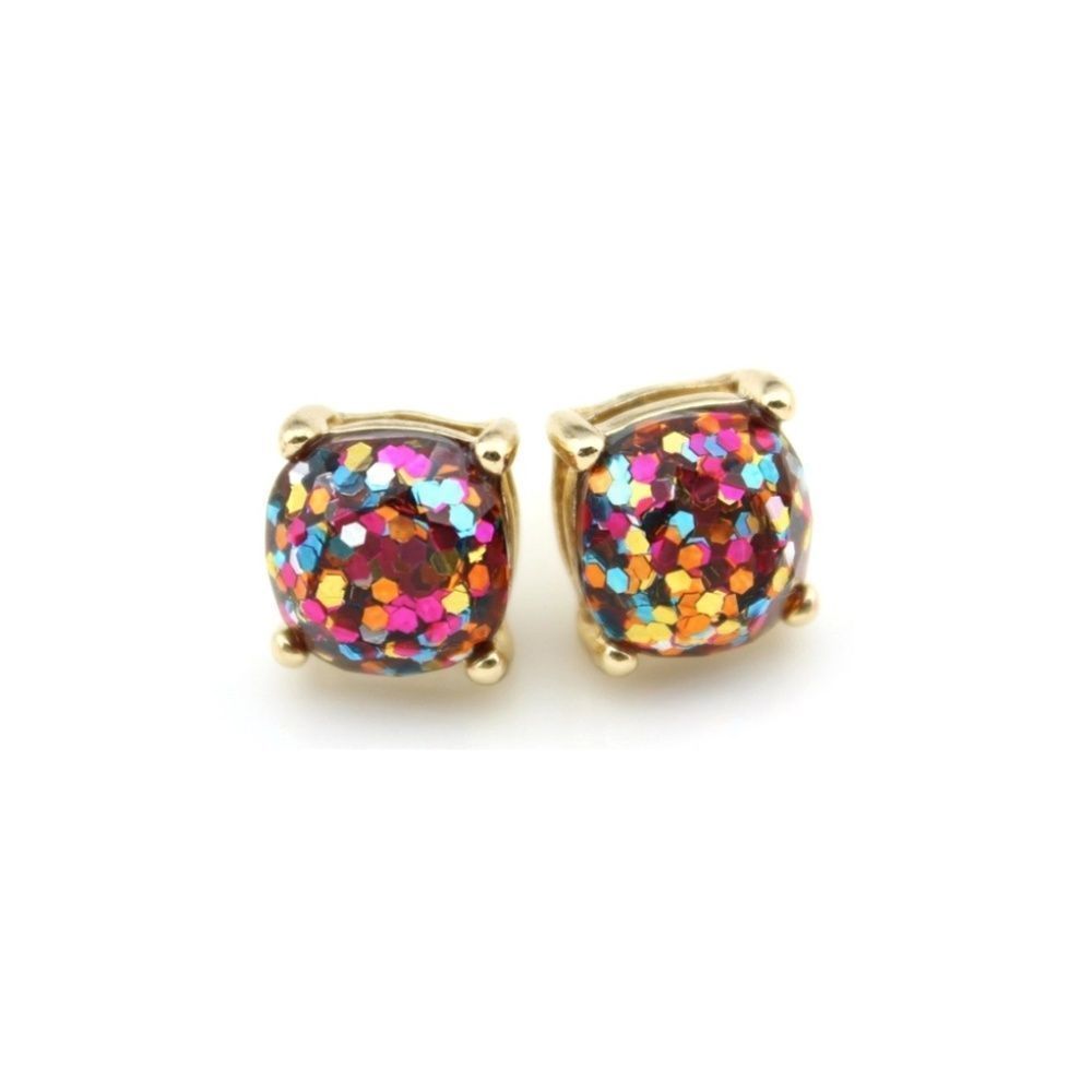 Glitterball stud earrings gold hardware NEW square